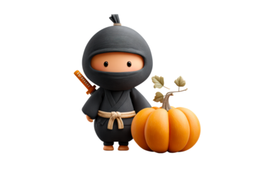Cute ninja with pumpkin, transparent bg