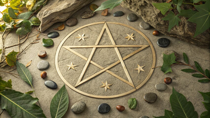 Wicca Symbol with Pentagram Surrounded by Natural Elements for Spiritual Blogs, Meditation Websites, Alternative Healing Content, and Nature Awareness
