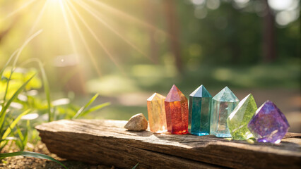 Colorful Crystals Displayed on Wooden Log in Nature for Spiritual Blogs, Meditation Websites, Healing Workshops, and Lifestyle Articles