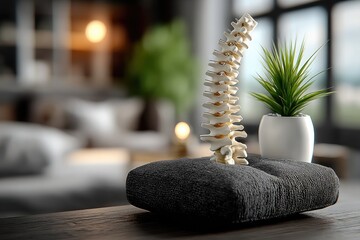 3D model of a spine on a dark cushion, in a blurred interior setting