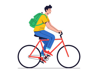 Fototapeta premium Cycling Commuter: A vibrant illustration of a young man, casually dressed and sporting a backpack, as he cycles a sleek road bike