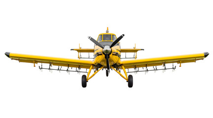 Powerful yellow crop duster airplane front view ready for agricultural spraying mission over fields