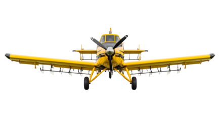 Powerful yellow crop duster airplane front view ready for agricultural spraying mission over fields