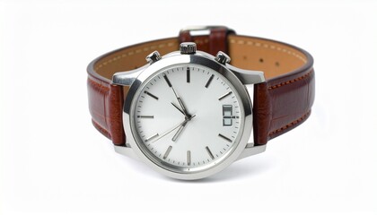 "Minimalist wristwatch with leather strap, isolated on white background, high-resolution product photo"
