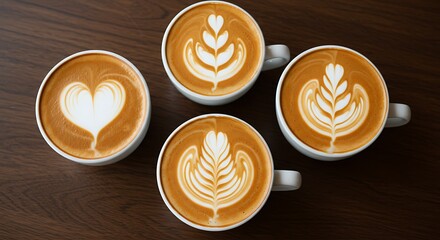 Top view of four white cups of caffe latte with different beautiful barista-made art patterns on a dark wooden table.