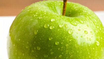 "Fresh green apple with water droplets, isolated on white background, high-quality stock image"
