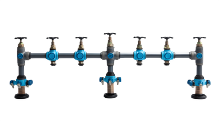 Industrial manifold with multiple blue valves and pipes, showcasing precise fluid control and plumbing solutions for modern infrastructure projects.