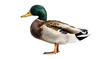 Obraz premium Majestic mallard duck with vibrant green head stands proudly, showcasing detailed plumage and natural beauty