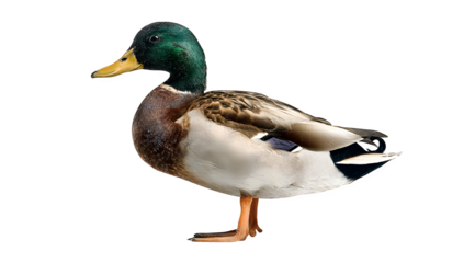 Majestic mallard duck with vibrant green head stands proudly, showcasing detailed plumage and natural beauty