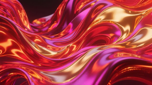 Dynamic flowing liquid metal waves with vibrant red and gold metallic sheen, abstract luxury background