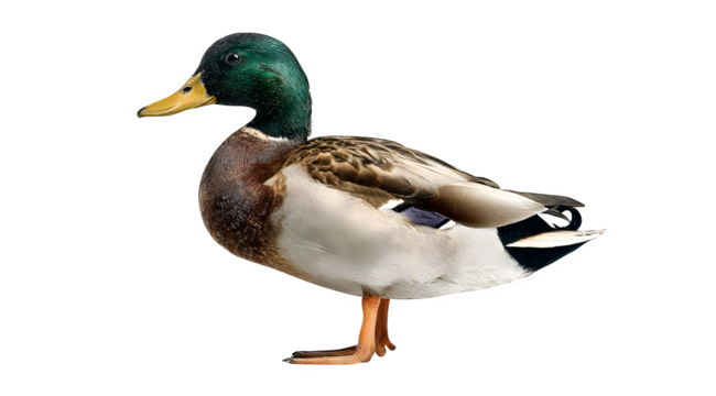 Majestic mallard duck with vibrant green head stands proudly, showcasing detailed plumage and natural beauty