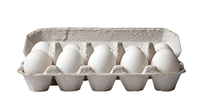 Fresh dozen white eggs nestled securely in a textured cardboard carton ready for your culinary creations and recipes.