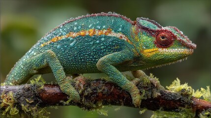 Fototapeta premium A colorful chameleon rests on a mossy branch, covered with glistening water droplets. Perfect for nature, science, or educational projects needing an exotic animal.