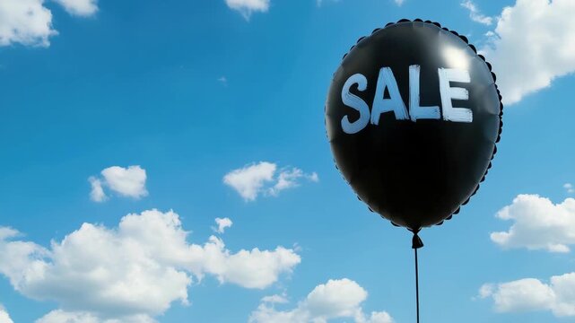 Black balloon with "SALE" text, floating against blue sky white clouds