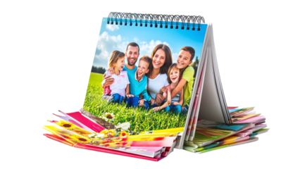 • A custom photo calendar with family pictures for Mother’s Day, isolated on white background in HD 