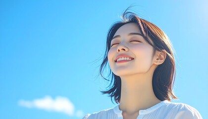 快晴の中で髪を風になびかせた若い日本人女性,A young Japanese woman with her hair blowing in the wind under a clear blue sky.