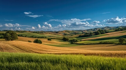 Obraz premium Green and golden rolling hills under a blue sky with scattered white clouds. Use for travel articles, landscape designs or peaceful nature scene themes.