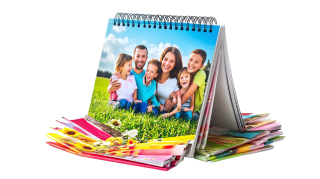 • A custom photo calendar with family pictures for Mother’s Day, isolated on white background in HD 
