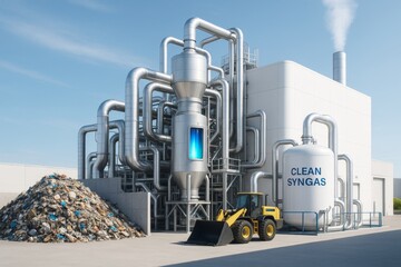 Futuristic clean syngas plant with metallic pipes, waste recycling heap, and bulldozer under clear blue sky in light industrial background. Ai generative