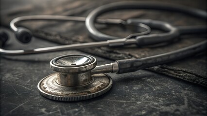 A vintage metallic stethoscope with a worn chest piece is placed on a dark textured surface, symbolizing essential medical care and historical tools.