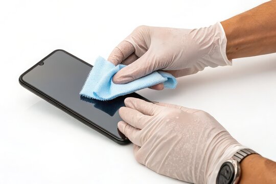 Hands in gloves cleaning a smartphone screen isolated on white background