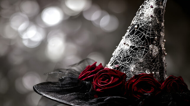 A velvet witch hat adorned with silver cobwebs and black satin ribbon, set against a mysterious moonlit Halloween backdrop.