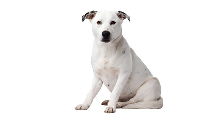 Obraz premium Gentle white dog with dark spots sits patiently, looking directly at the camera with soulful eyes, perfect for pet care themes.