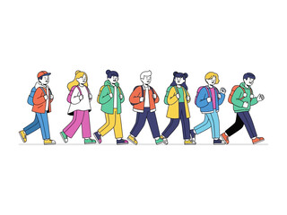 Fototapeta premium School Journey: A vibrant illustration captures a procession of students with backpacks, stepping purposefully with a shared purpose and destination. Capturing their steps.