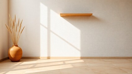 Warm sunlight streams across textured wall with dried grass in terracotta vase