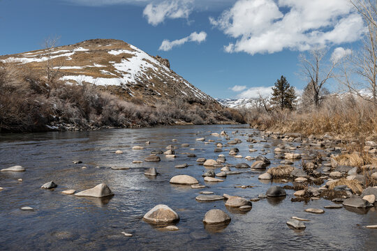 Winter landscape of Truckee River with rocks near Reno city in the state of Nevada, USA