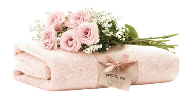 • A custom printed hand towel with a Mother’s Day greeting, isolated on white background in HD  - Powered by Adobe