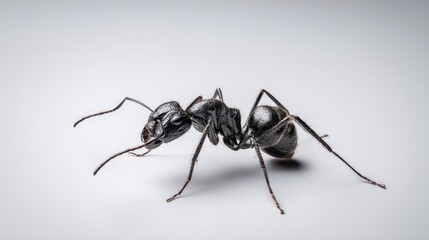 A detailed macro shot of a black ant standing on a gradient white surface