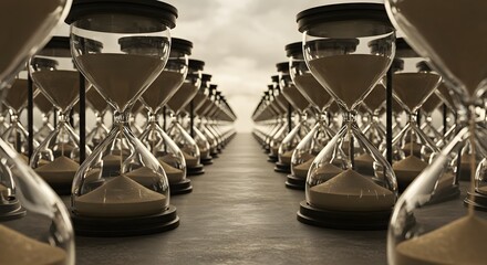 Perspective of hourglasses aligned in perspective, time passing concept