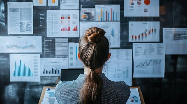 Woman analyzing charts and financial data on wall, business strategy and data analysis concept - Powered by Adobe