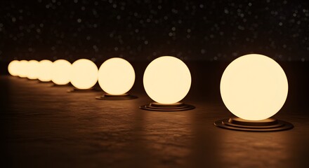 Perspective of glowing spheres in line, innovation concept