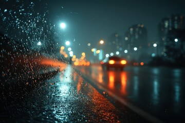 Raindrops on glass, blurred city lights, and a wet road at night. Evokes feelings of urban isolation, longing, or melancholic reflection.
