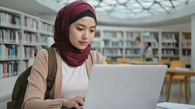 Muslim female student in hijab using laptop in modern library, young woman studying and smiling while researching online, academic diversity and education technology concept - Powered by Adobe