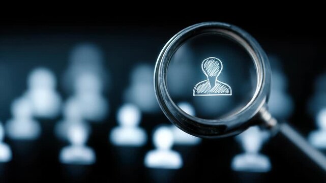 HRM or Human Resource Management, Magnifier glass focus to manager icon which is among staff icons for human development recruitment leadership and customer target. resume, interview. generate by AI