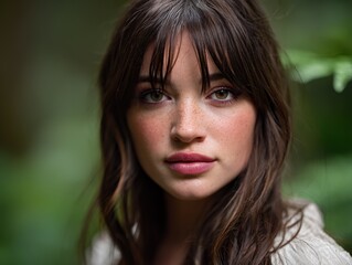 Naklejka premium A hyper-realistic portrait of a young teenage girl with long brown hair, bangs, and big eyes, looking directly at the camera in an outdoor setting, capturing her natural expression and features.