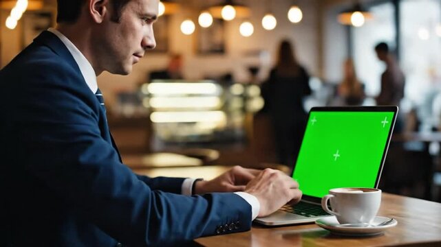 Focused male professional utilizing a device with an adaptable display in a contemporary cafe setting, perfect for digital content overlay.