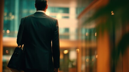Businessman walking through a modern office lobby, carrying a briefcase, with glass walls and greenery in the background