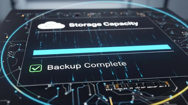 Cloud Backup Analytics. Cloud backup storage with analytics interface showing digital progress, capacity status, and futuristic technology concept