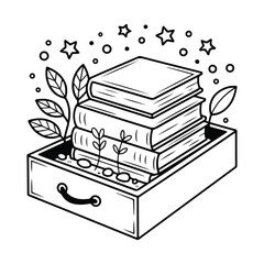 Illustration of a book box - Cute & Cozy Coloring Book for Relaxation and Creativity. Easy, line art vector illustration, Coloring Pages for Kids & Adults