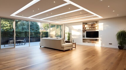 Daylight pouring into a nearly finished open-plan living area with freshly installed wooden flooring and sleek recessed lighting.