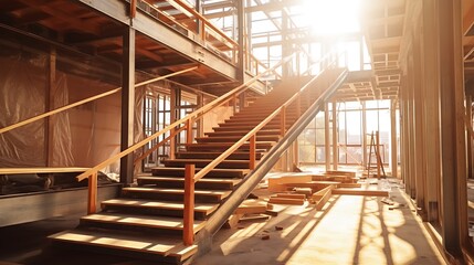 Daylight view of indoor staircase under assembly with metal framework and hardwood treads in progress, dust particles visible in natural beam.