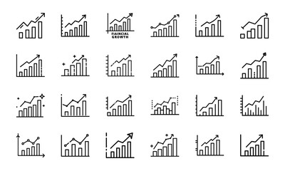 Business Financial Growth Icons Set – Bar Chart, Line Graph, Profit Increase, Economic Success, Investment Trends, Analytics Report, Stock Market Performance, Data Visualization Symbols Collection.eps