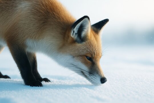Curious red fox sniffing snow in winter landscape with soft light and white background, close-up wildlife scene in natural environment. Ai generative - Powered by Adobe