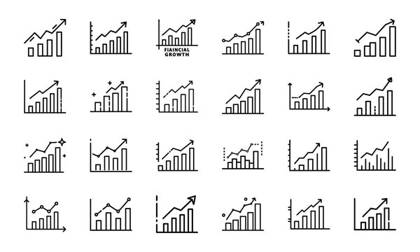 Business Financial Growth Icons Set – Bar Chart, Line Graph, Profit Increase, Economic Success, Investment Trends, Analytics Report, Stock Market Performance, Data Visualization Symbols Collection.eps