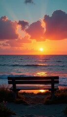 Empty wooden bench overlooks tranquil ocean at sunset , sunset, empty