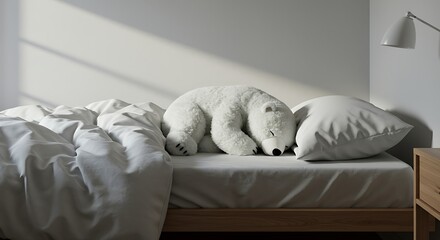 Cozy Bear Napping on a Bed A Comfortable Bedroom Scene with Natural Light and Soft Textures